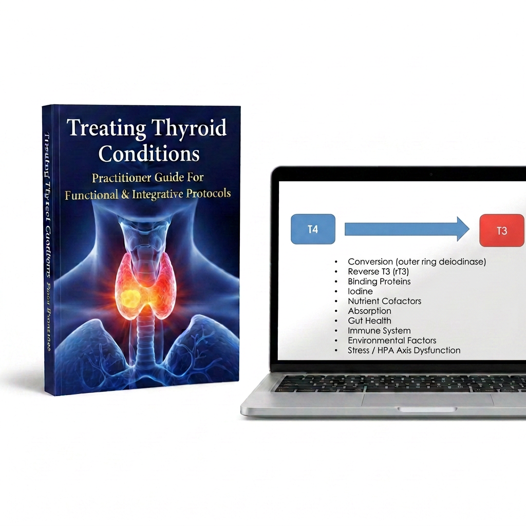 Functional Thyroid Clinical Guide book beside a laptop showing a T4 to T3 conversion slide