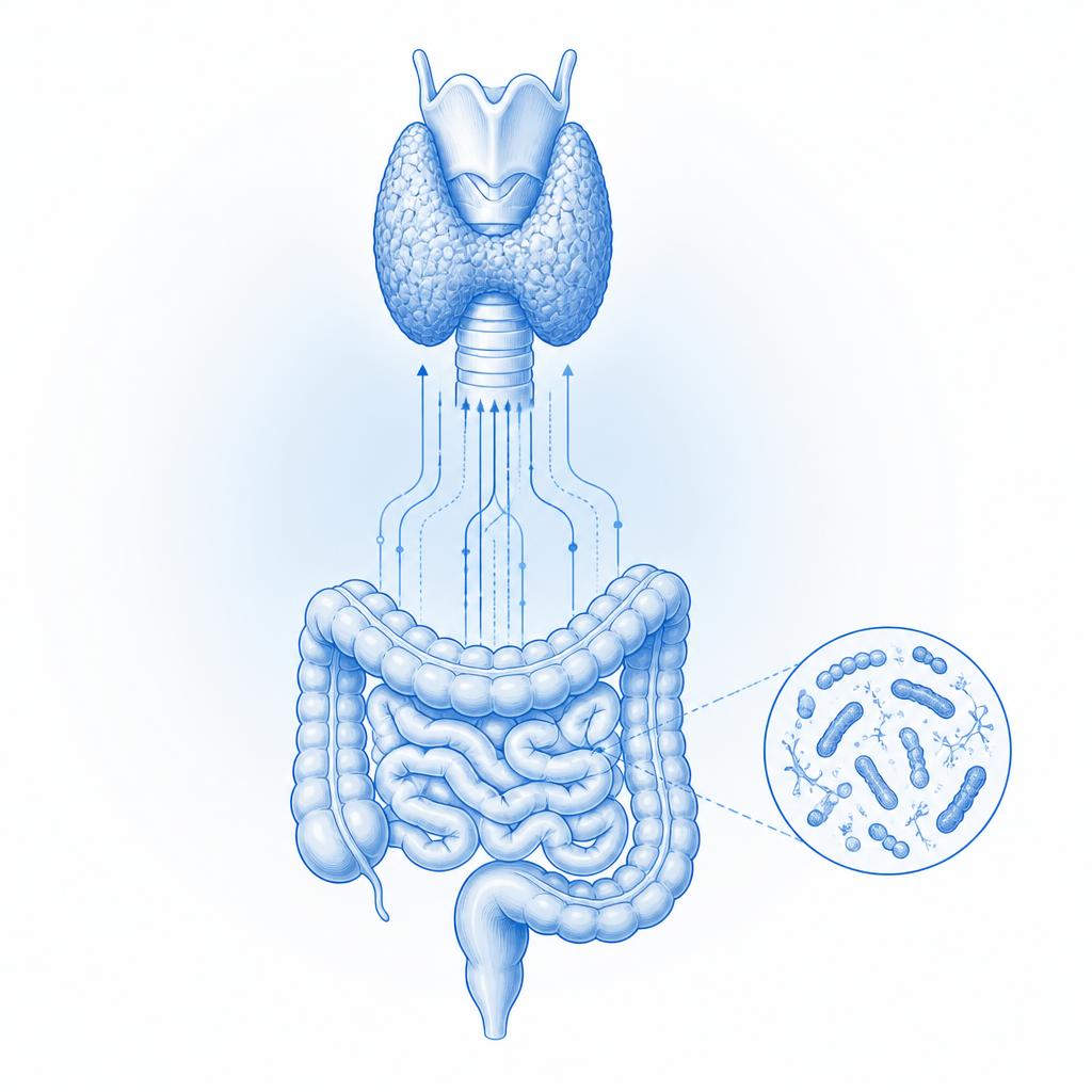 Medical diagram of the gut–thyroid axis connecting the intestines, microbiome and thyroid gland