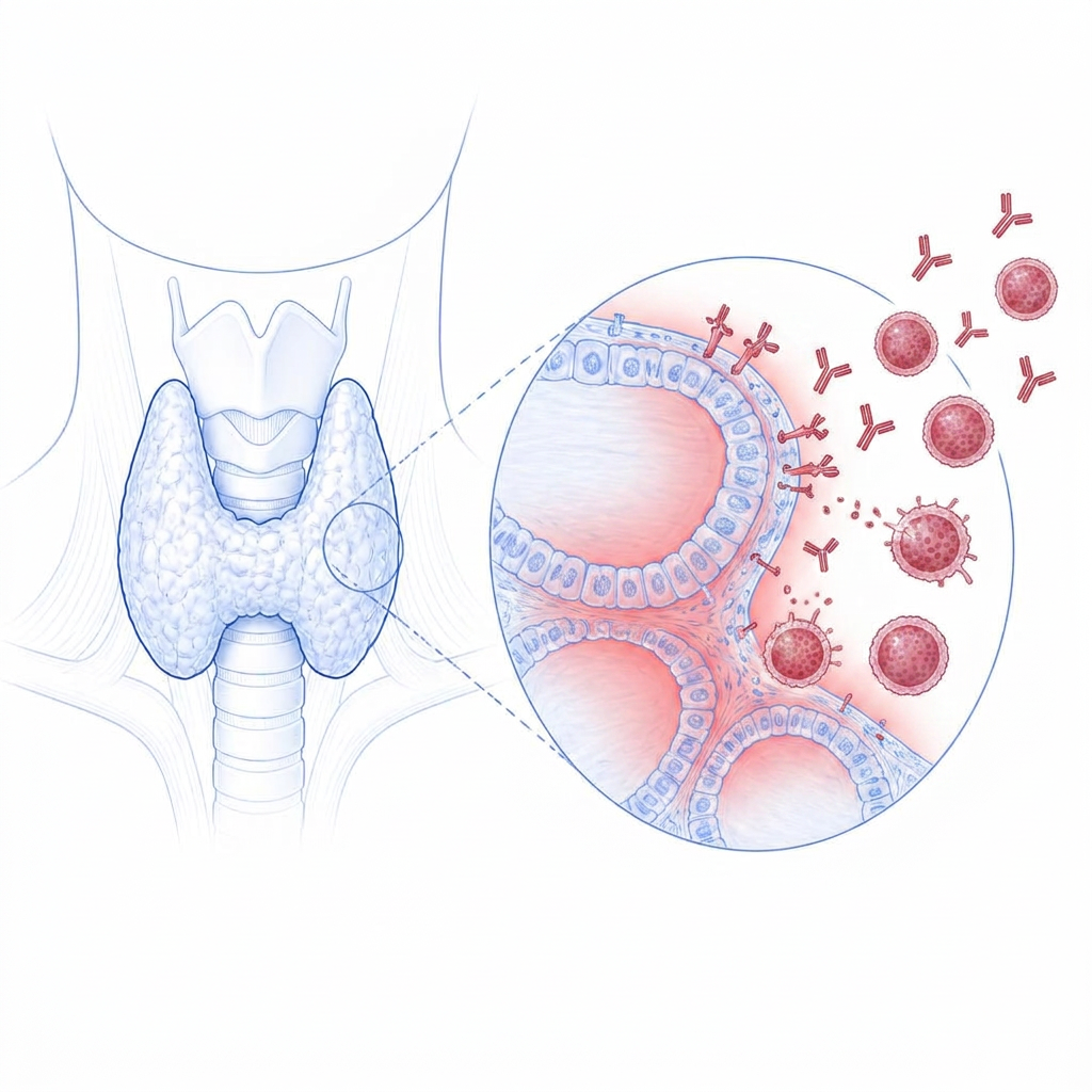 Medical illustration of immune cells and antibodies targeting thyroid tissue