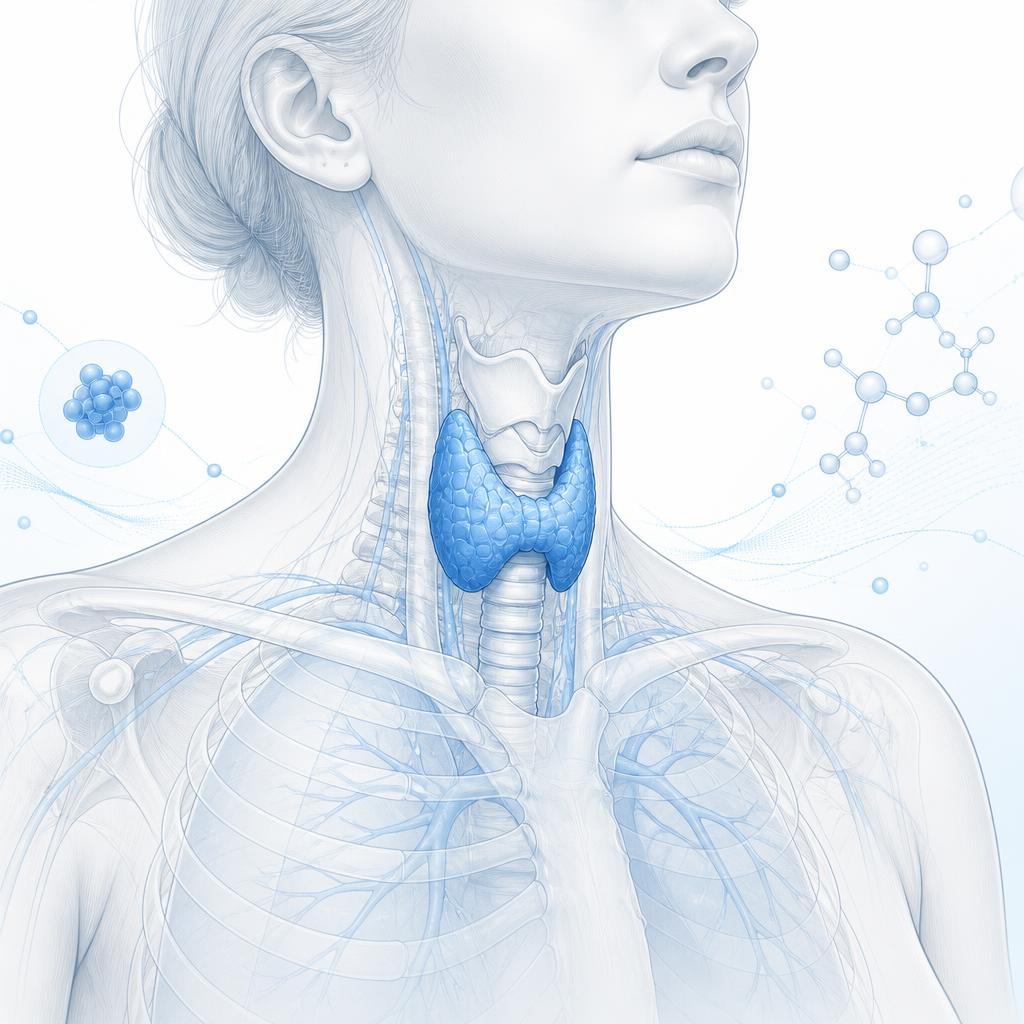 Anatomical illustration of the human neck with the thyroid gland highlighted
