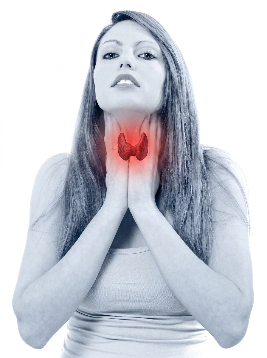 Patient holding her neck where the thyroid gland is highlighted in red