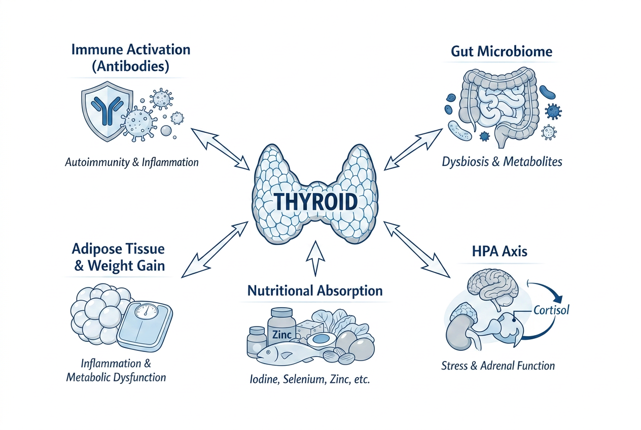 Clinical diagram showing how immune activation, gut microbiome, nutritional absorption, adipose tissue and the HPA axis interact with thyroid function